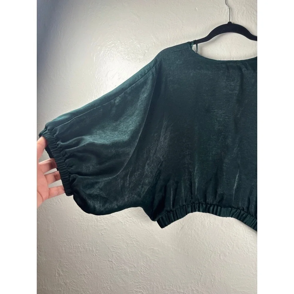 Woman's Emerald Green Ruched Waist V‎ Neck Wrap Style Top XL Balloon Sleeve